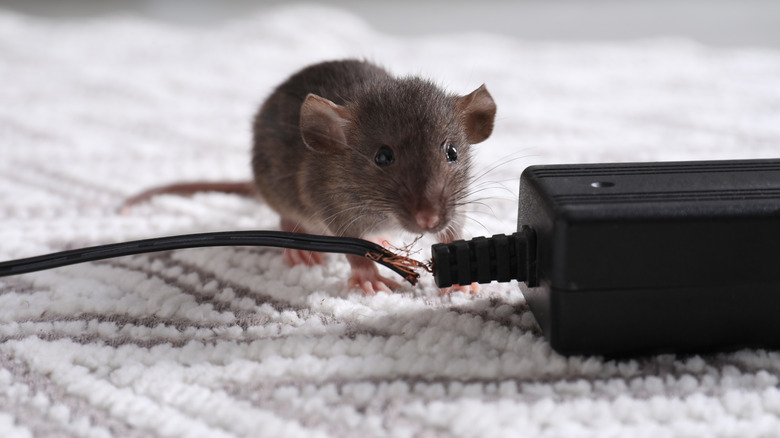 Rat near a chewed-on cable