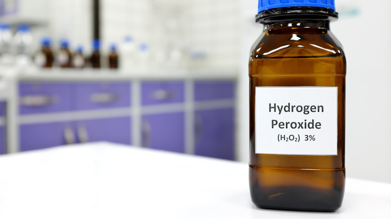 bottle of H2O2 on counter