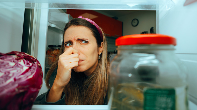 Woman looking at inside of a refrigerator holding her noses at the stinky food inside