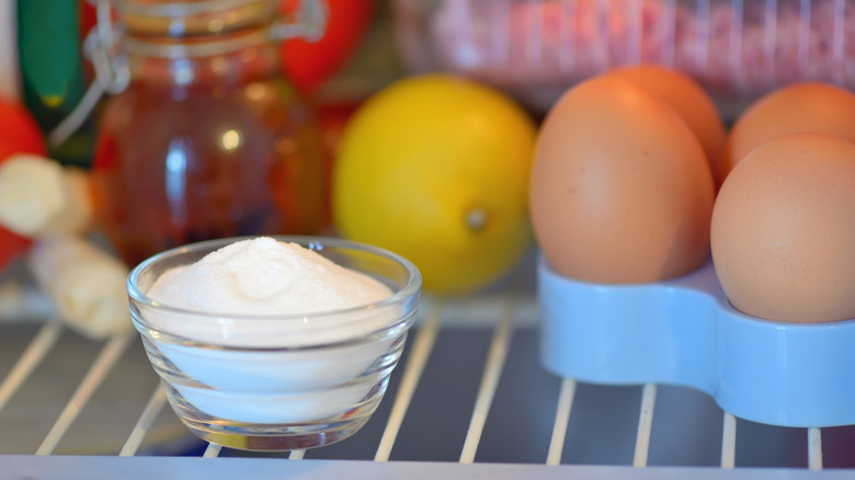 A small clear bowl of baking soda left on a refrigerator shelf
