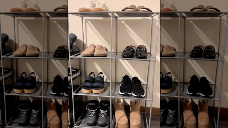 6-cube storage rack holding several pairs of shoes
