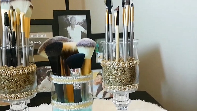 Makeup brush holders using candlestick holder pedestals