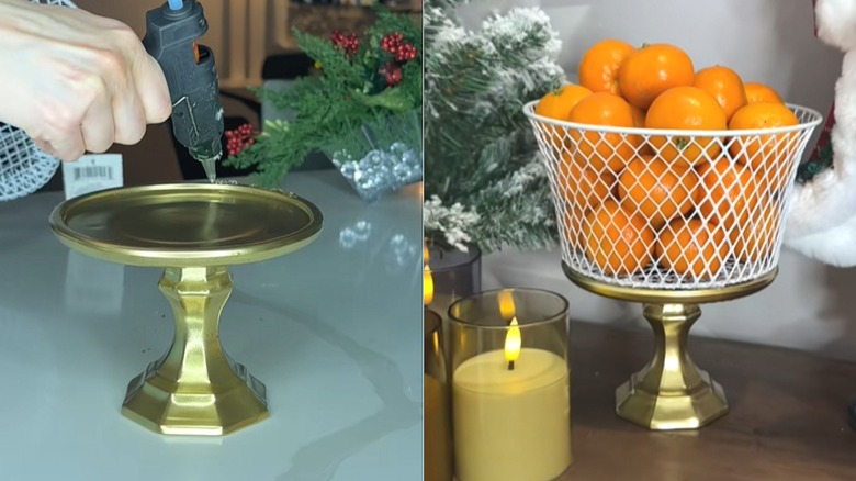 Creator gluing together a candlestick holder, flat plate, and basket on the left with the finished fruit basket filled with oranges on the right