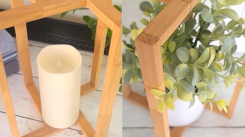 Split image of an open-sided DIY lantern with a candle in it and a faux plant
