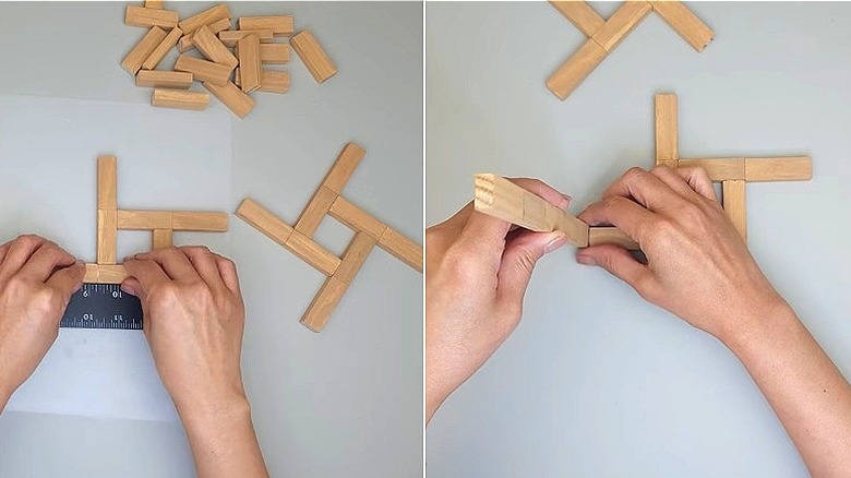 Split image of a person gluing together wood pieces, and then assembling the supports for the lantern
