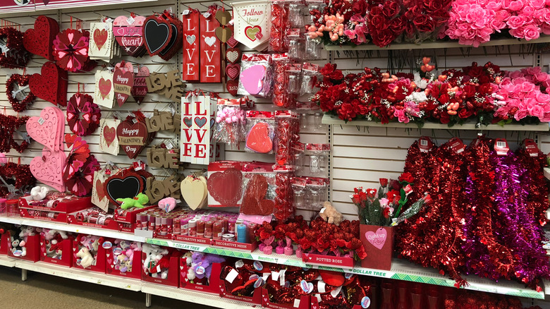 Valentine's Day decorations at a Dollar Tree store.