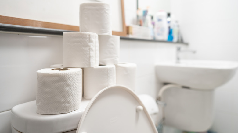 Toilet with toilet paper stacked ontop of the tank