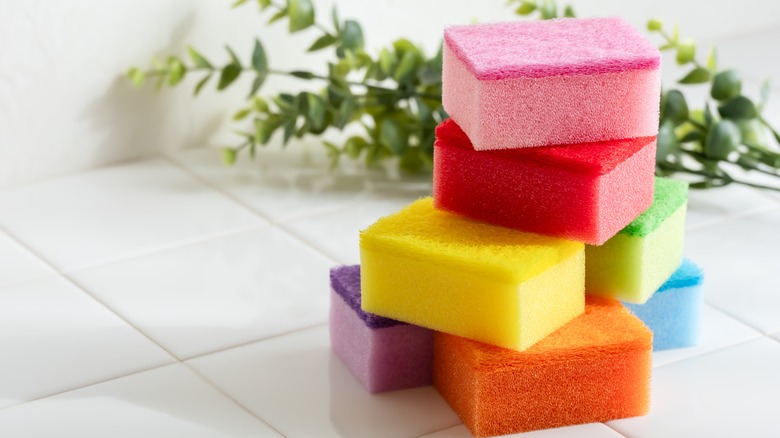 stack of colorful sponges on counter