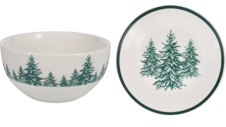 Split image of a Dollar Tree winter green bowl on the left and a winter green plate on the right