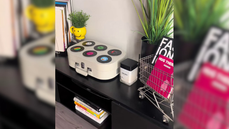 A case decorated with Dollar Tree record player coasters
