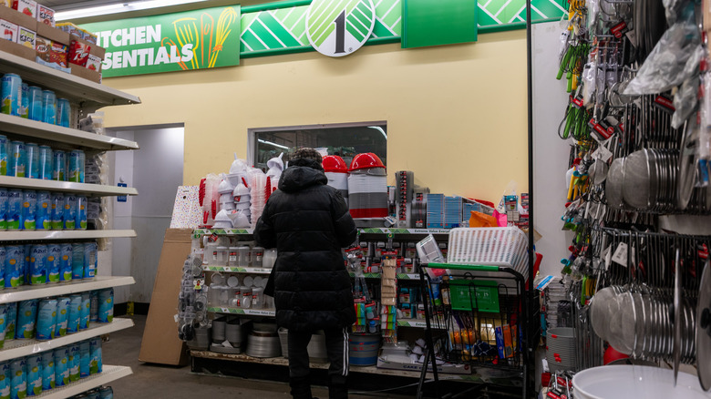 Person with shopping cart inside dollar tree kitchen section