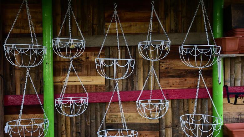 Multiple white hanging wire baskets in a room with a wood wall