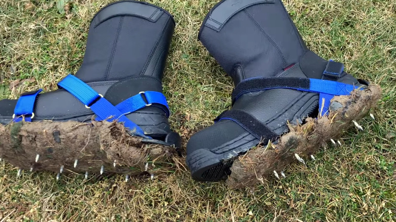Strap-on aerator spikes on a pair of black boots lying on the ground covered in grass buildup.