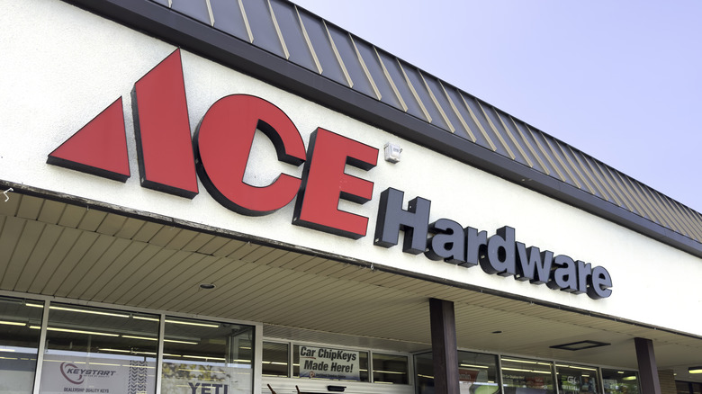 Closeup of brand name as seen on the facade of an Ace Hardware location.