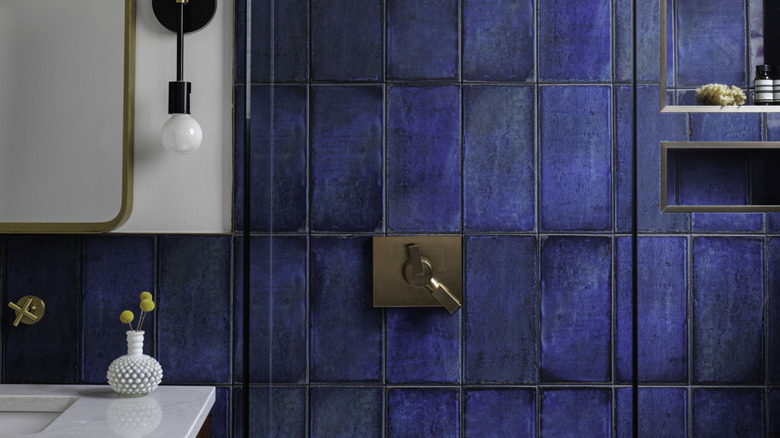Close up of bathroom metal features that combine silver, gold, and black on the same wall with dark blue tile
