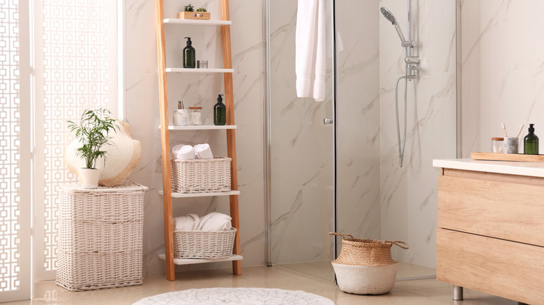 Shower room with an open shelf display with plants and toiletries on it