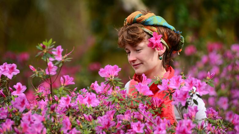 a woman looks at azaleas in the garden