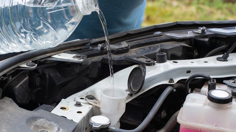 Person pouring water in a car's reservoir