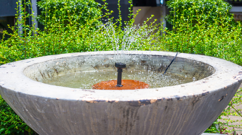 A small concrete fountain in a garden