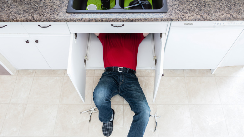 Man in cabinet under sink