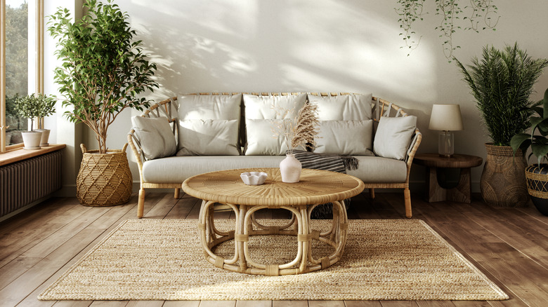 a living room with rattan furniture, lush plants, and a beautiful rug