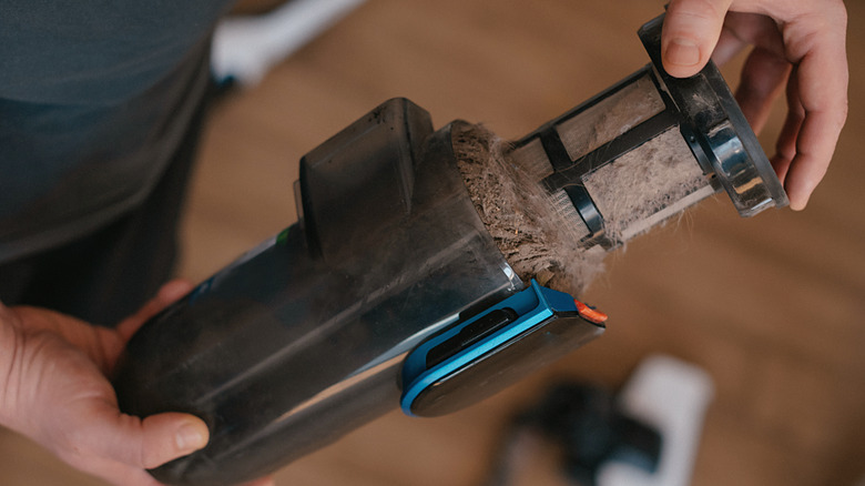 A close-up of a dirty filter and filled canister of a vacuum