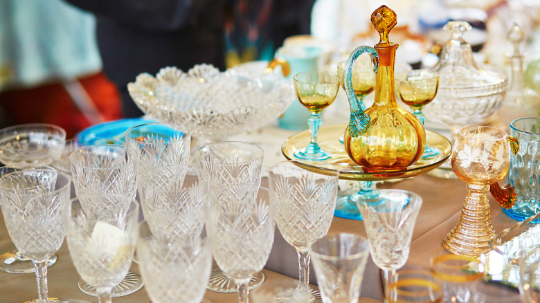Assorted vintage glassware at a thrift store.