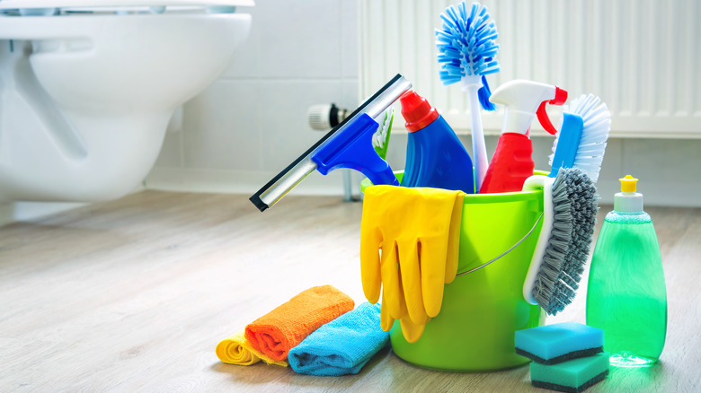 cleaning supplies in bathroom