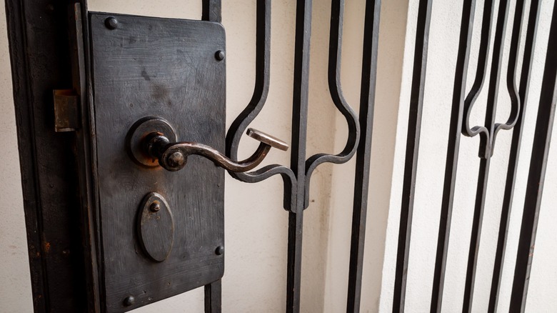 A grille gate with vertical, twisted bars.