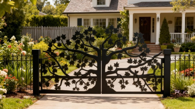 A grille gate in a tree design in front of a home