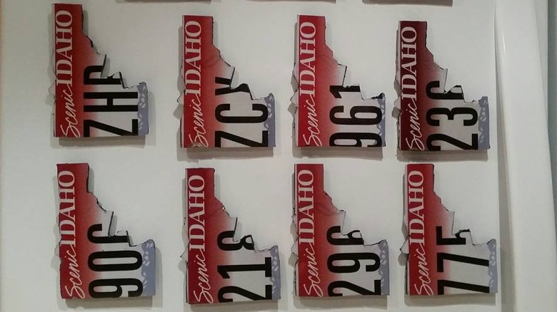 Series of Idaho-shaped magnets made from Idaho license plate