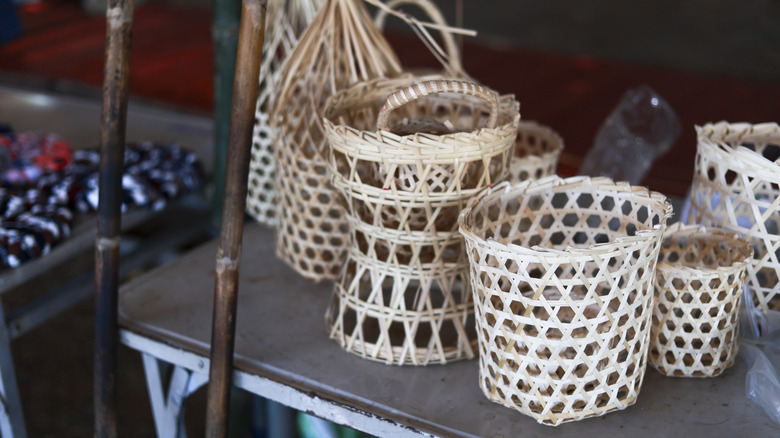 various baskets sitting on table