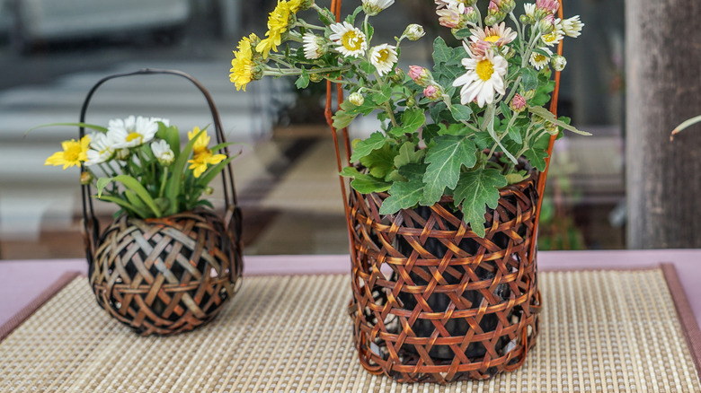 unusual basket full of flowers