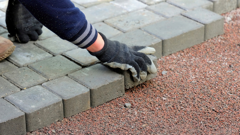 Workman laying pavers on a prepared bed