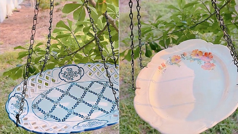 Split image showing two different vintage plates that have been upcycled into bird feeders