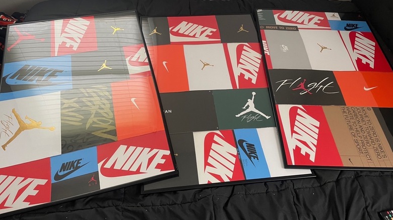 Framed shoe box art on a bed