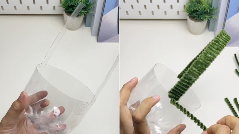 The base of the plastic bottle and pipe cleaner basket with floral detail