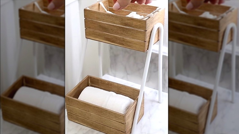 mini wood crate organizer in bathroom