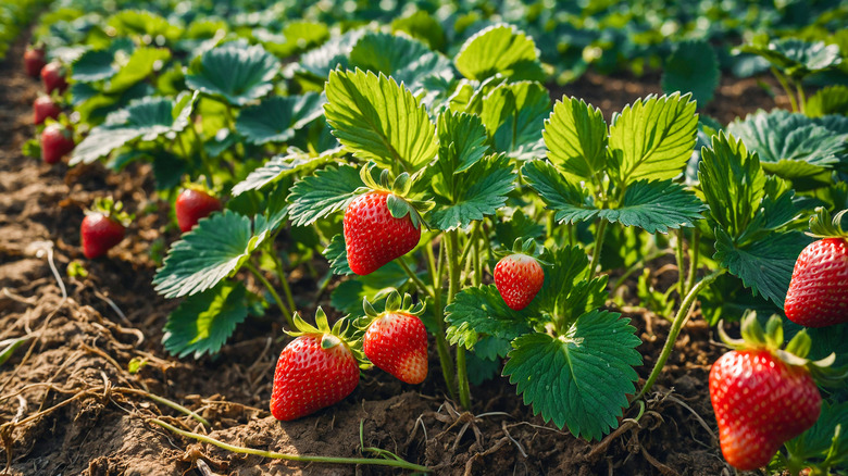 Ripe strawberries on healthy plants growing in rows in a large garden bed.
