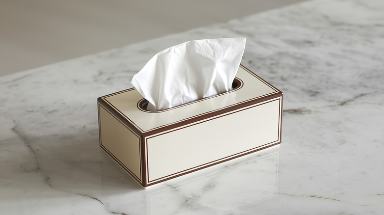 A beige colored tissue box with writing on it on a wooden table with plants in the background