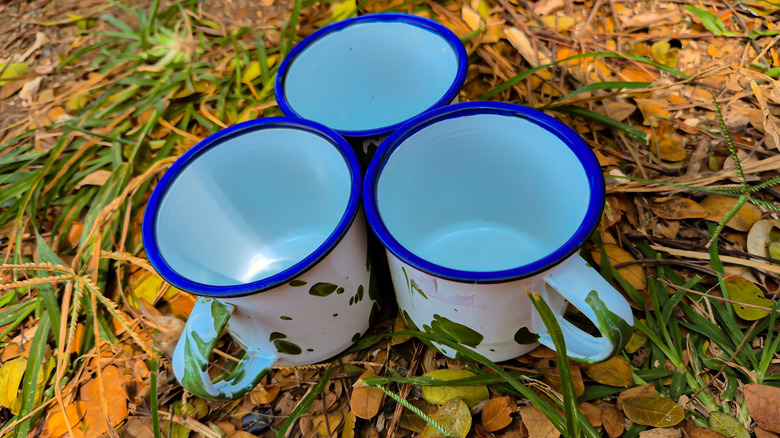 Three coffee mugs sitting in a yard