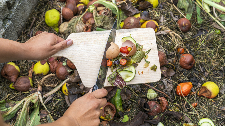 Hand holding knife scraping egg shells and vegetable rinds off cutting board into compost heap