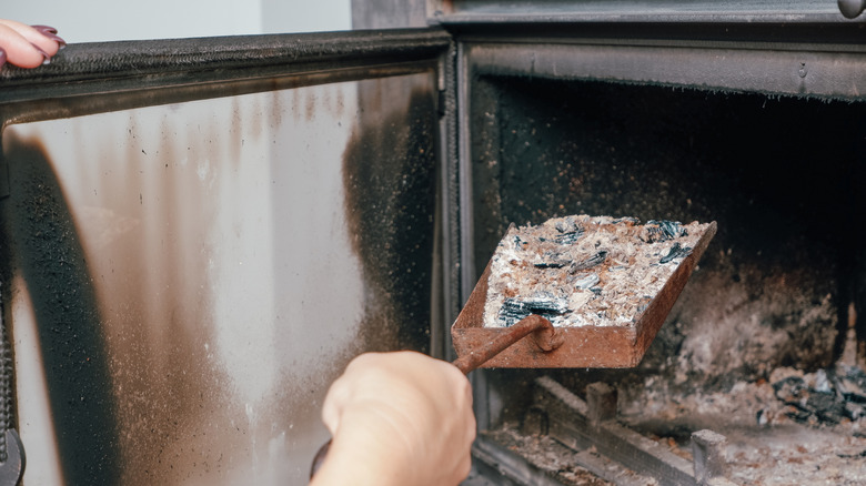 A hand holding a shovel full of ash from a stove.