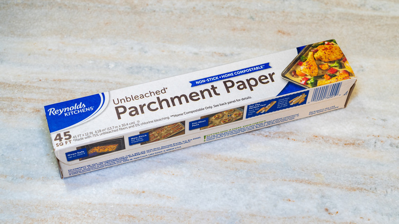 A parchment paper box on a countertop