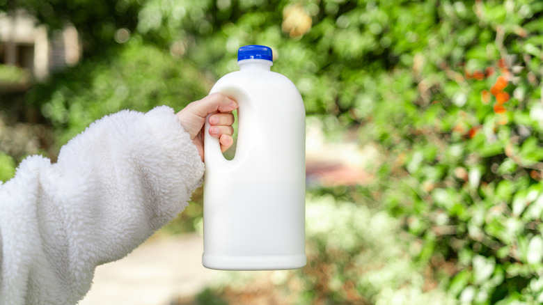 Person holding a plastic bottle of milk in the garden