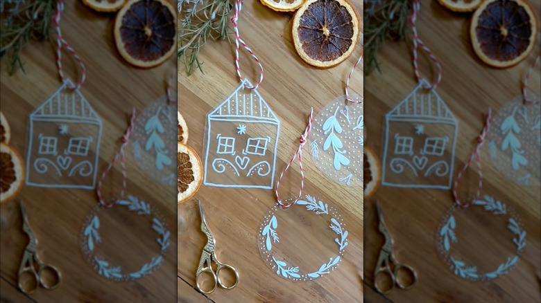 plastic ornaments next to scissors and dried fruit