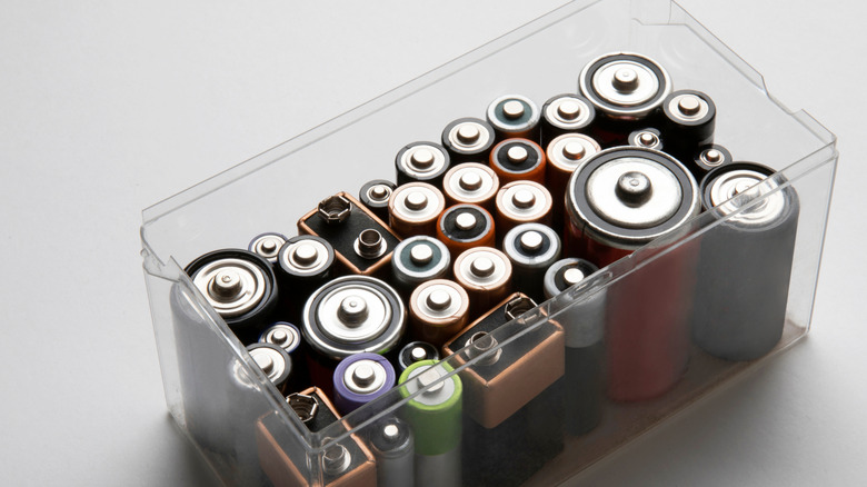 batteries of all sizes standing up in plastic container