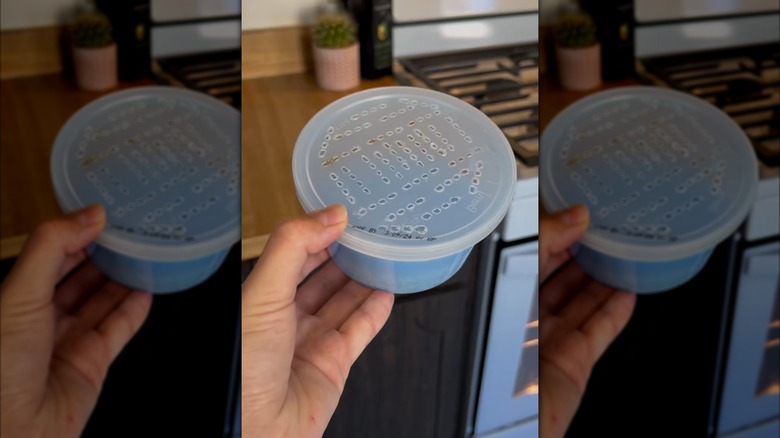 someone holding a plastic container with holes in lid with blue liquid
