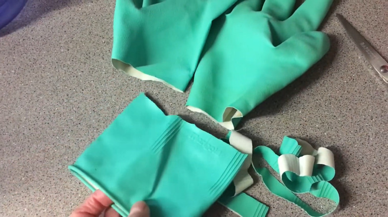 Old rubber gloves cut up into rubber bands
