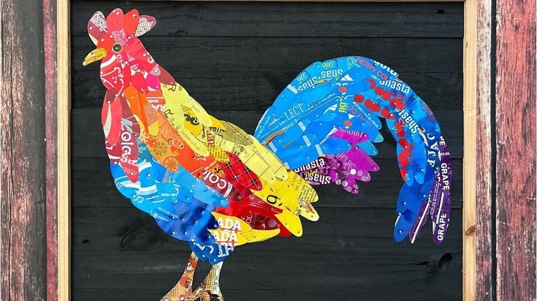 Rooster art made with cans